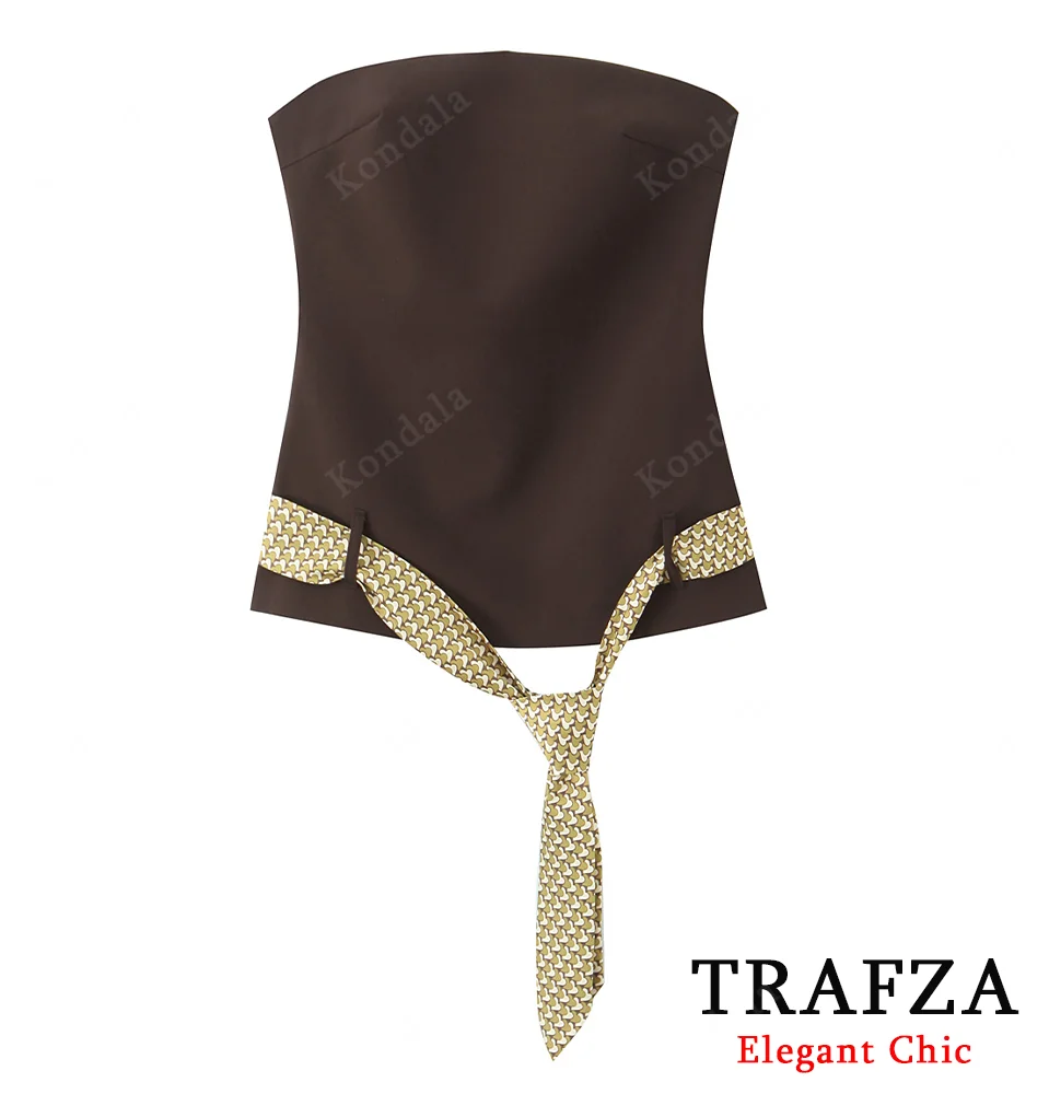 

TRAFZA Fall Lady Vintage Elegant Strapless Tops Tie as Belt Brown Slim Tube Tops 2025 Fashion High Street Sexy Party Women Tops
