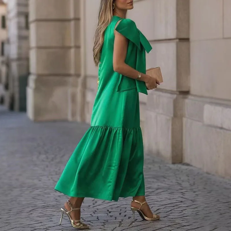 Abito lungo da donna sexy senza maniche con scollo a O, abito estivo da donna con fiocco solido, abito da donna da ufficio, nuovo abito Boho a trapezio allentato casual