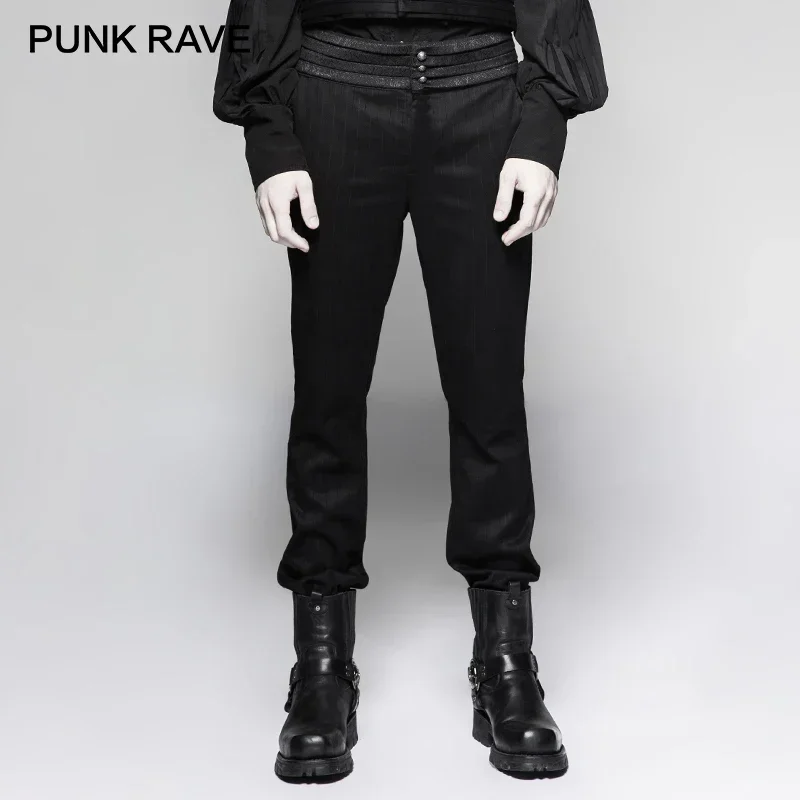 

PUNK RAVE Steampunk Gentleman Striped Woven Men Pants Gothic Vintage Plate Mid Waist Button Straight Trousers Stage Performance