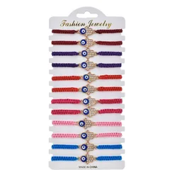 12 Pcs/Lot Hamsa Hand Charm  Rhinestone Bracelet For Women  Boho Braided Rope Adjustable Wristband Alloy Wholesale Jewelry Gifts