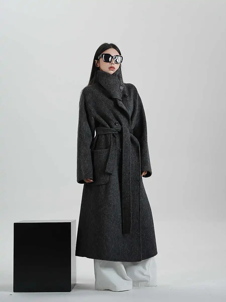 

Advanced Temperament Wool Coat Women'S Autumn And Winter New Style Temperament High Neck Loose Waistband Long Woolen Coat