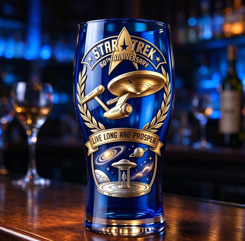 Premium Handcrafted Blue Pint Glass, Gold Embossed Space Art Beer Cup, Stylish Drinkware for Bar Counter, Table Display