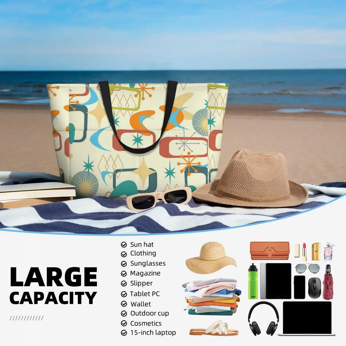 The Atomic Age Mid Century Modern MCM Shape Pattern Beach Tote Bag Gym Yoga Duffle Large Tote Bag Women Travel Bag Fitness bag