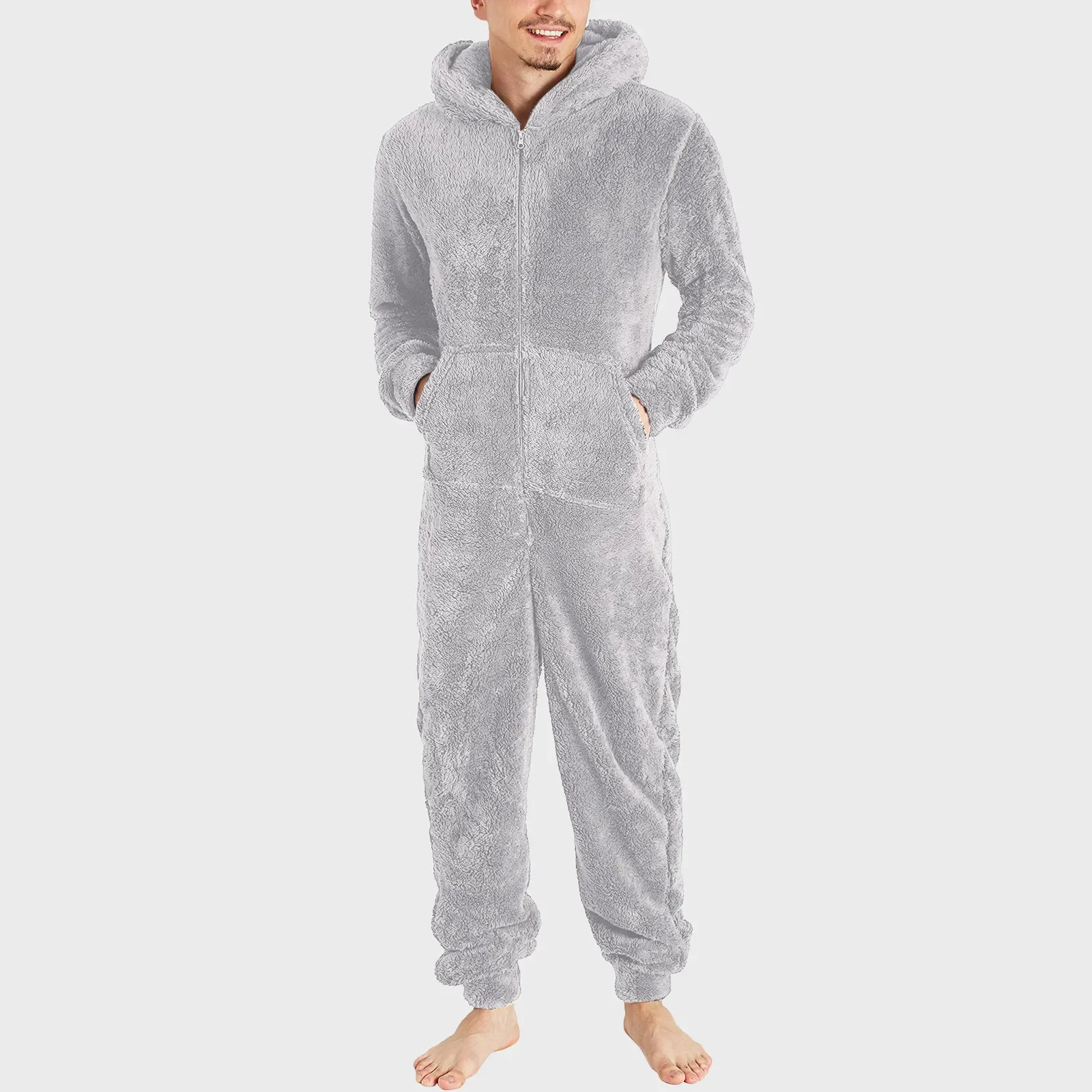 Pijama manga longa de lã artificial masculino monocromático macacão com zíper solto com capuz, casual de inverno quente, 1