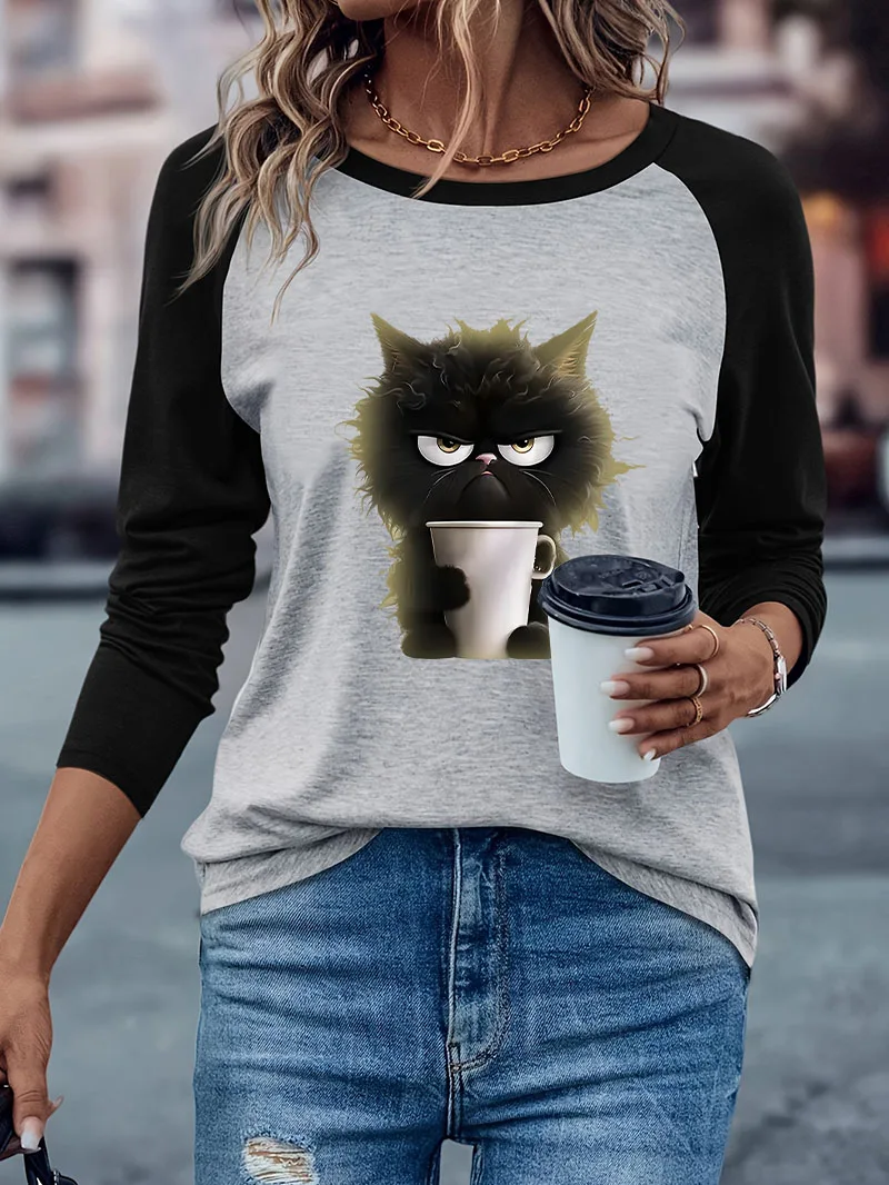 Funny Coffee Cat Print Casual Long Sleeve T-shirt Kawaii Cat Winter Autumn Graphic Long Sleeved Soft T Shirt Women