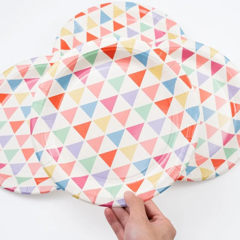 24PCS Rainbow Triangle Strips Guests Paper Plates for Colorful Happy Birthday Baby Shower Disposable Party Tableware Supplies