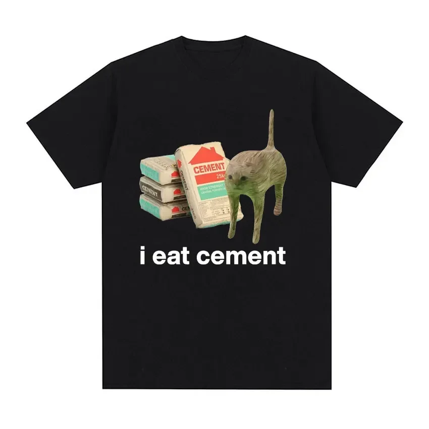 I eat cement curse cat funny meme printed crewneck vintage Everyday casual unisex short-sleeved New Arrival Informal streetweat