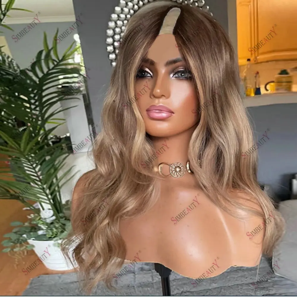 100% Remy Indian Hair U Part Wig Human Hair for Women Easy Wear Dirty Blonde Dark Brown Ombre Body Wave Glueless 1*4 V Part Wig