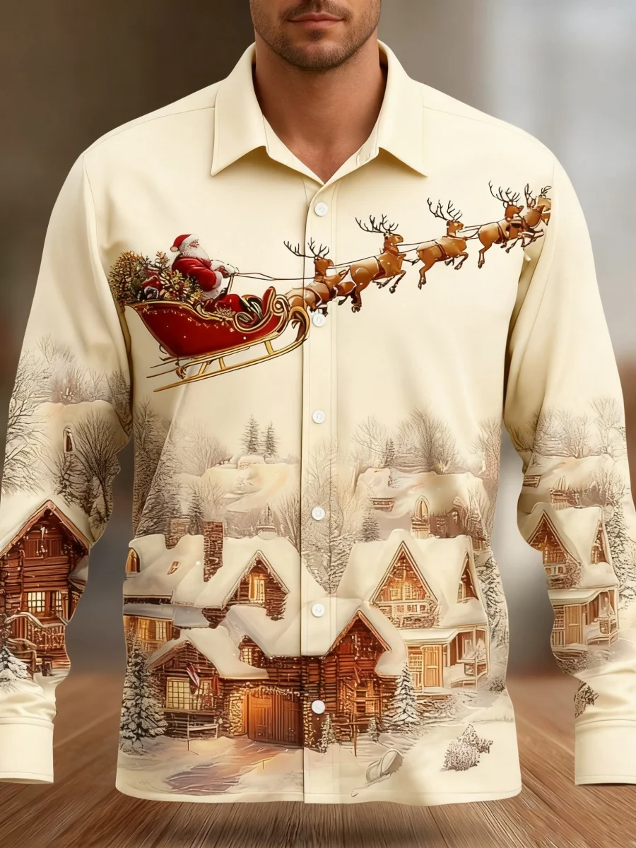 

2026 New Men's Christmas Shirt, Button-Down Long Sleeve, Fun Outdoor Holiday Style, Spring/Autumn, Lapel, 3D Printed Shirt