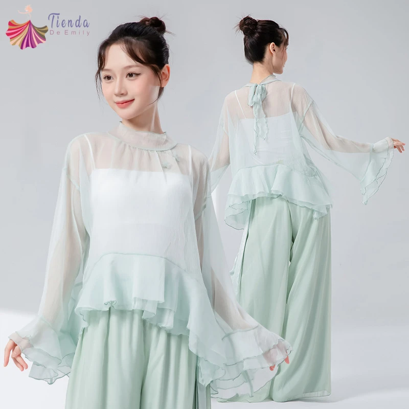 Top da danza classica da donna strati con volant barchette manica svasata camicia trasparente collo elegante abiti da pratica camicetta da performance Hanfu