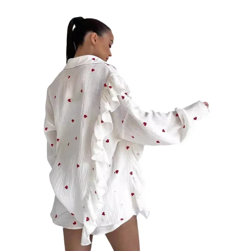 Summer Casual Home Wear Heart-shaped Printed Long-sleeved Tops Shorts Suit Women's Loose Lapel Shirt Women's Cotton Pajamas