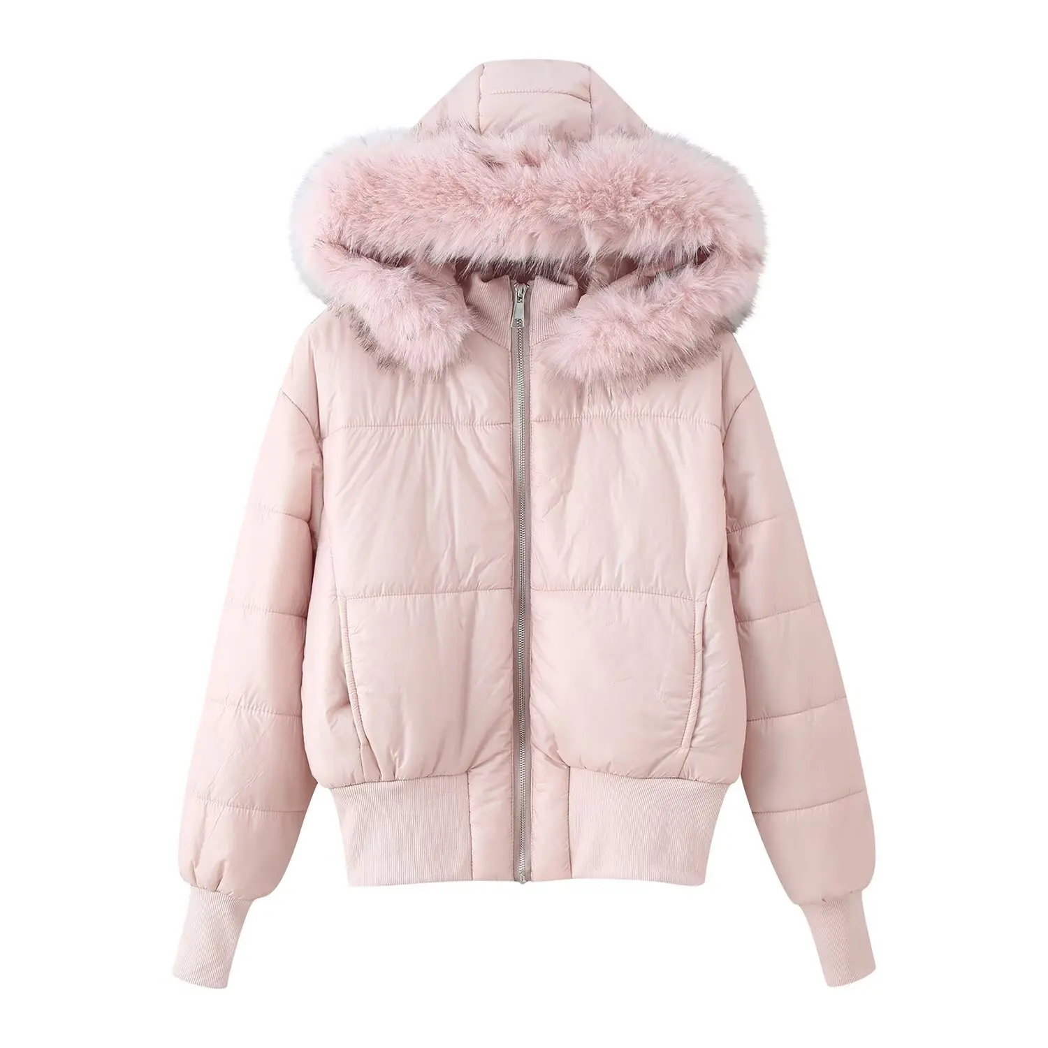 Women's Solid Color Warm Coat Winter Fashion Simple Versatile Fur Collar Hooded Cotton Jacket Zipper Pockets Loose Fit Outwear