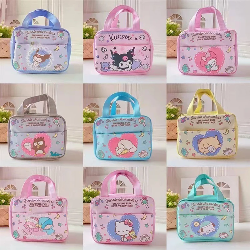 Sanrio My Melody Cinnamoroll Kuromi Purin Hello Kitty Cartoon Handbag Large Plaid Lunch Box Kawaii Multi-pocket Organizer Bag