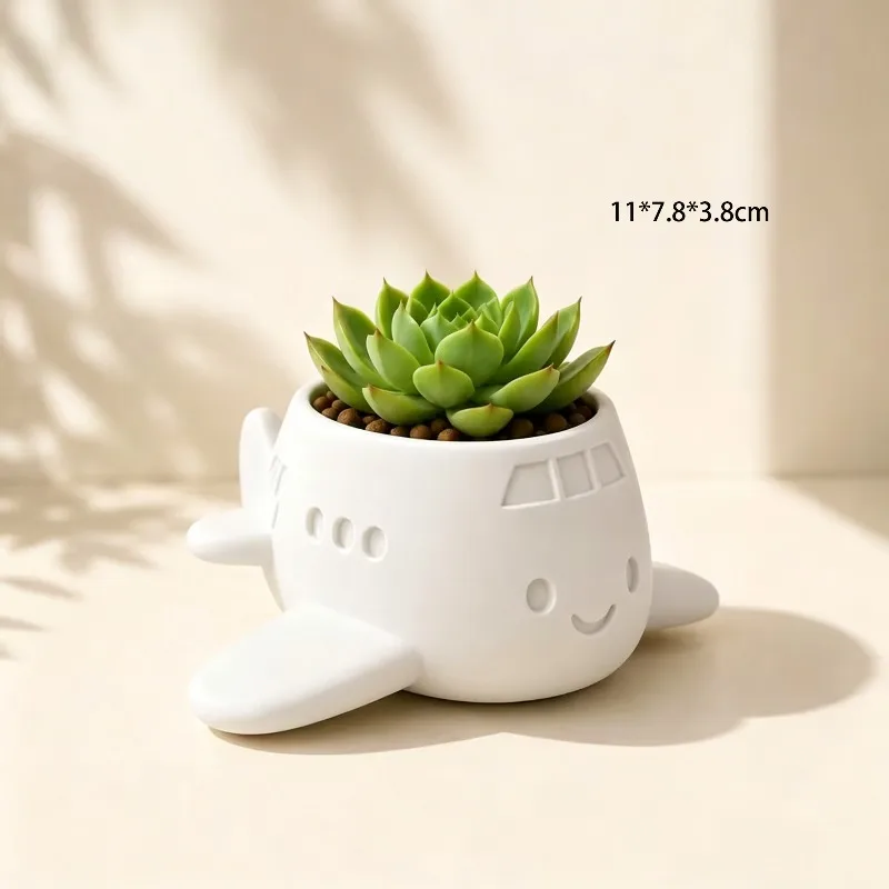 Cute Cartoon Airplane Shaped 3D Printed Succulent Planter Pot Mini White Aircraft Small Plant Container Desktop Windowsill Decor