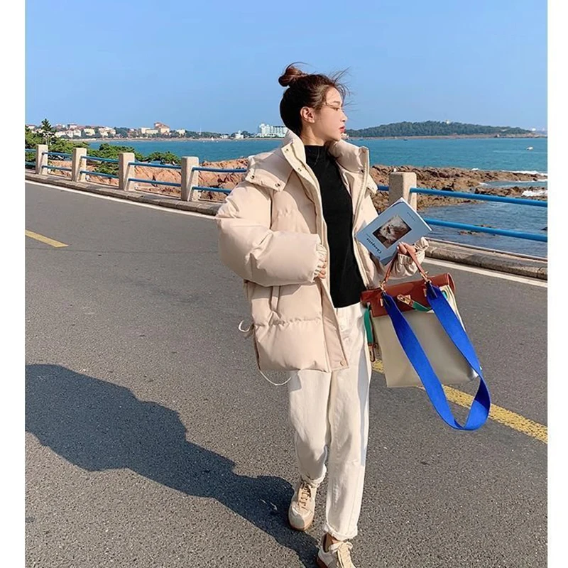 Winter Bubble Coat Women Detachable Hood Stand Collar Side Tie Drawstring Hem Loose Short Warm Puffer Parka Jacket Outerwear