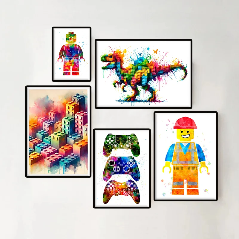 Watercolor Building Blocks Poster Modern Lego Man Minifigure Toy Block Dinosaur Canvas Painting Wall Art Kid Playroom Home Decor