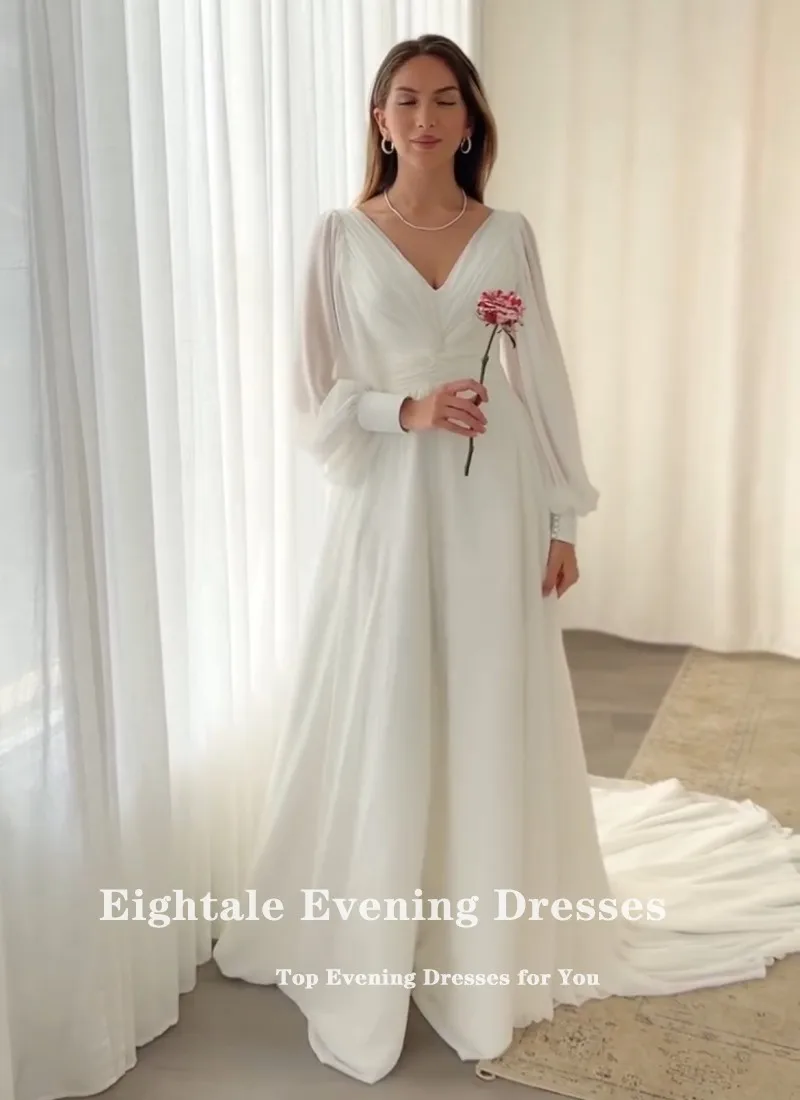 Eightale Boho Wedding Dress V-Neck Long Sleeves Chiffon A-Line Pleats Princess Customized Bridal Gowns Vestidos De Novia