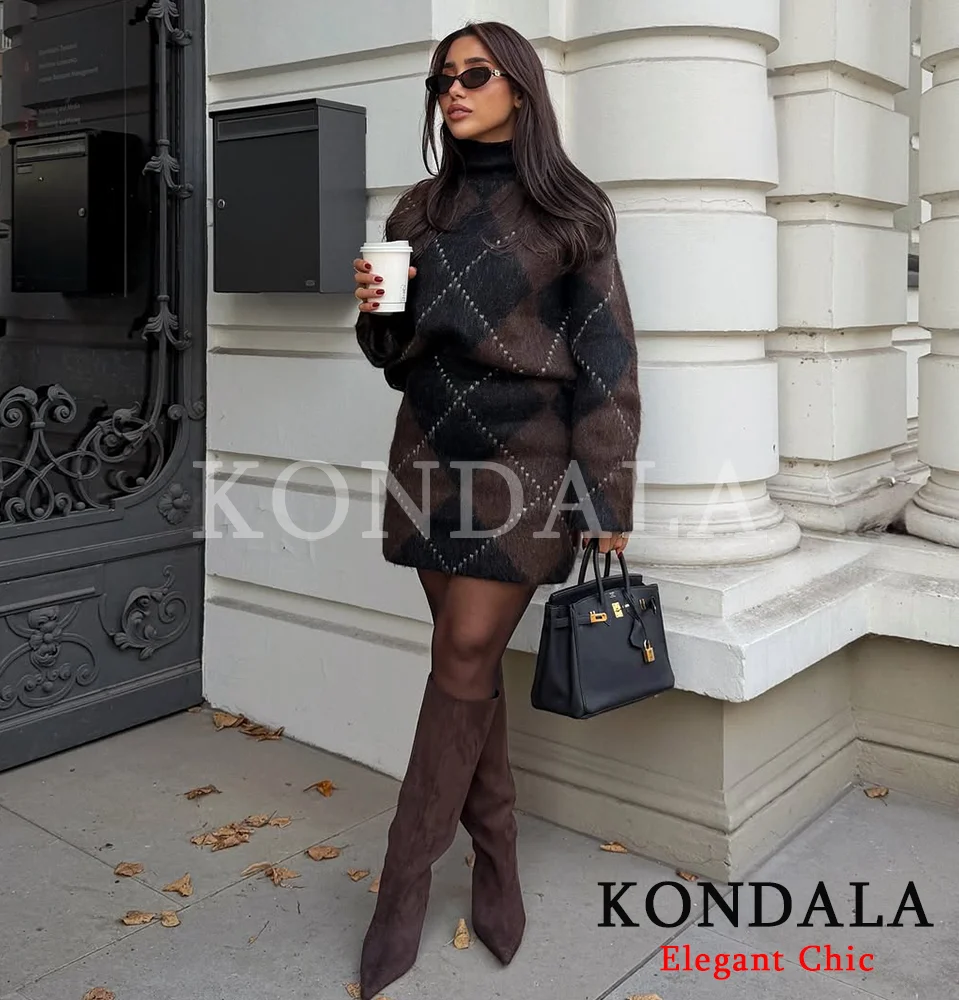 

KONDALA Women Fall Rhombus Turtleneck Loose Pullover Sweater OR Mini Skirt Set New 2025 New Fall Winter Fashion High Street Set