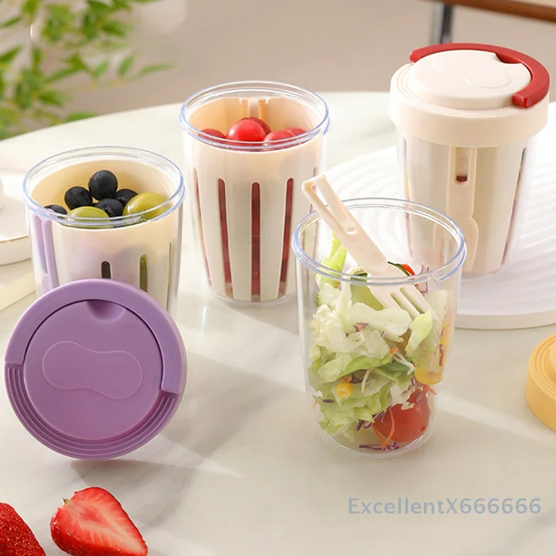 

Fruit Storage Box With Drainage, Lid And Fork, Sealed, Leak Proof And Fresh-keeping, Student Portable Breakfast Cup Picnic Box