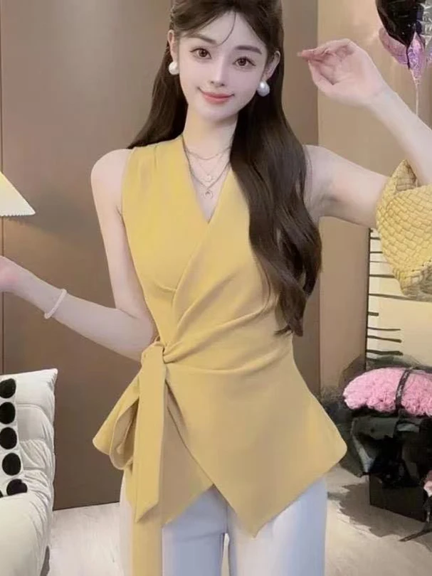 

Slim Fit V-Ne Svel irt Women's Belted Waist Tie Top Summer New Sle Faionable Thinming French Sle irt