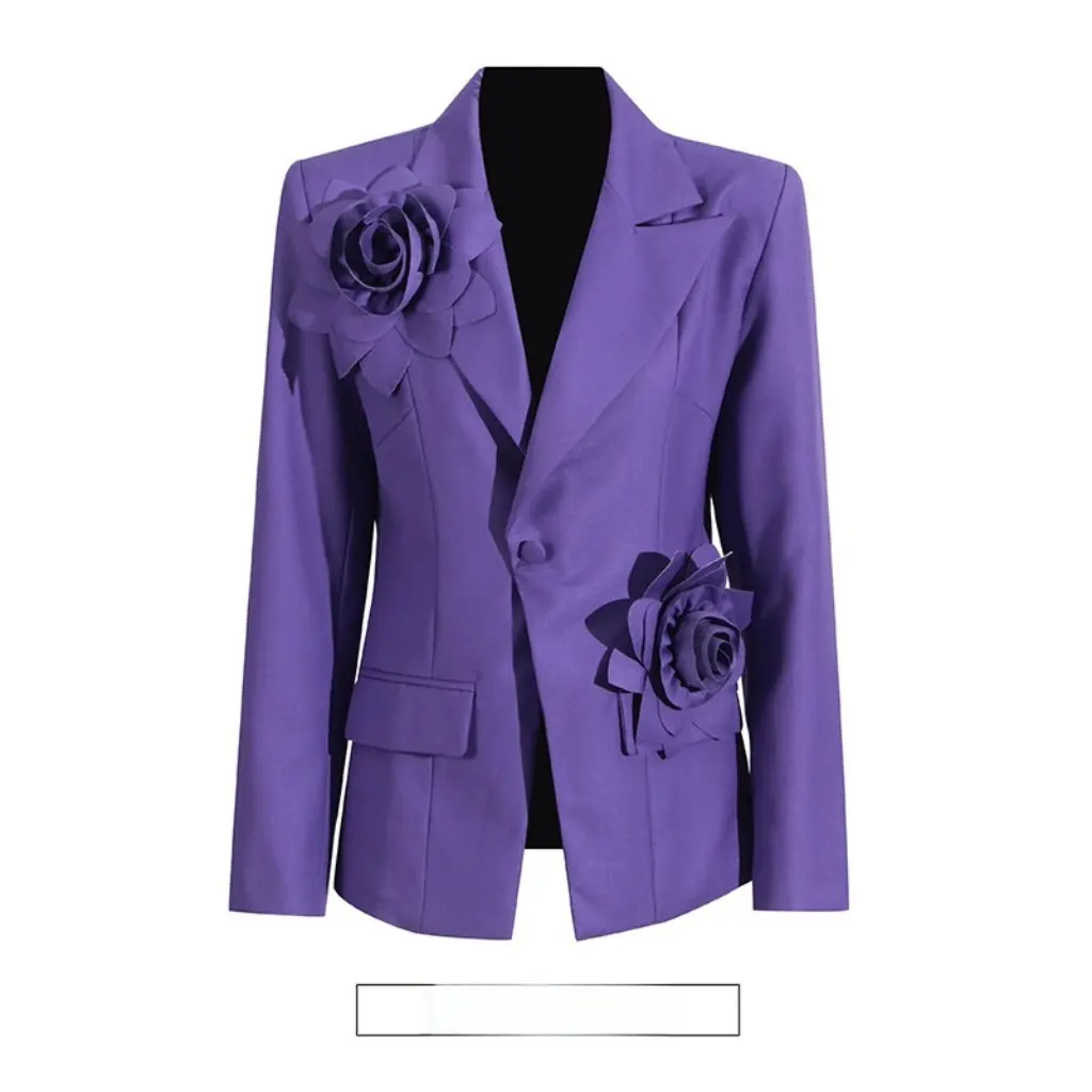 

Australian Style Elegant Small Suit with Split Hems Three-Dimensional Flower Decorative Single Button Top Women's Fashion