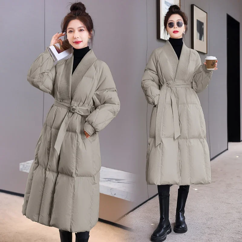 

2024 Women Fashion Winter New Medium Length Down Jacket Female V-neck Thick Warm Overcoats Ladies White Duck Down Coats Q763