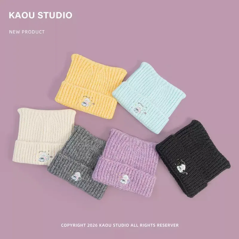 Cute Cat Ears Knitted Beanies for Women Winter Warm Mix Color Fuzzy Yarn Korean Style Cartoon Embroidery Soft Skullcap Men
