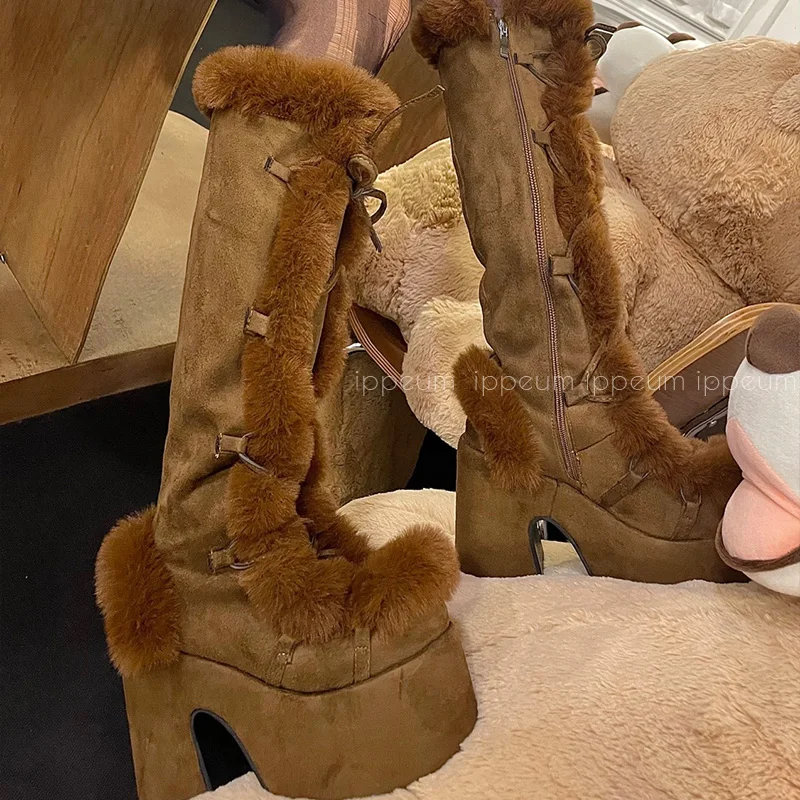 IPPEUM Y2K Platform Boots Women Winter Knee High Furry Cosplay Snow Botas Free Shipping Bratz Shoes