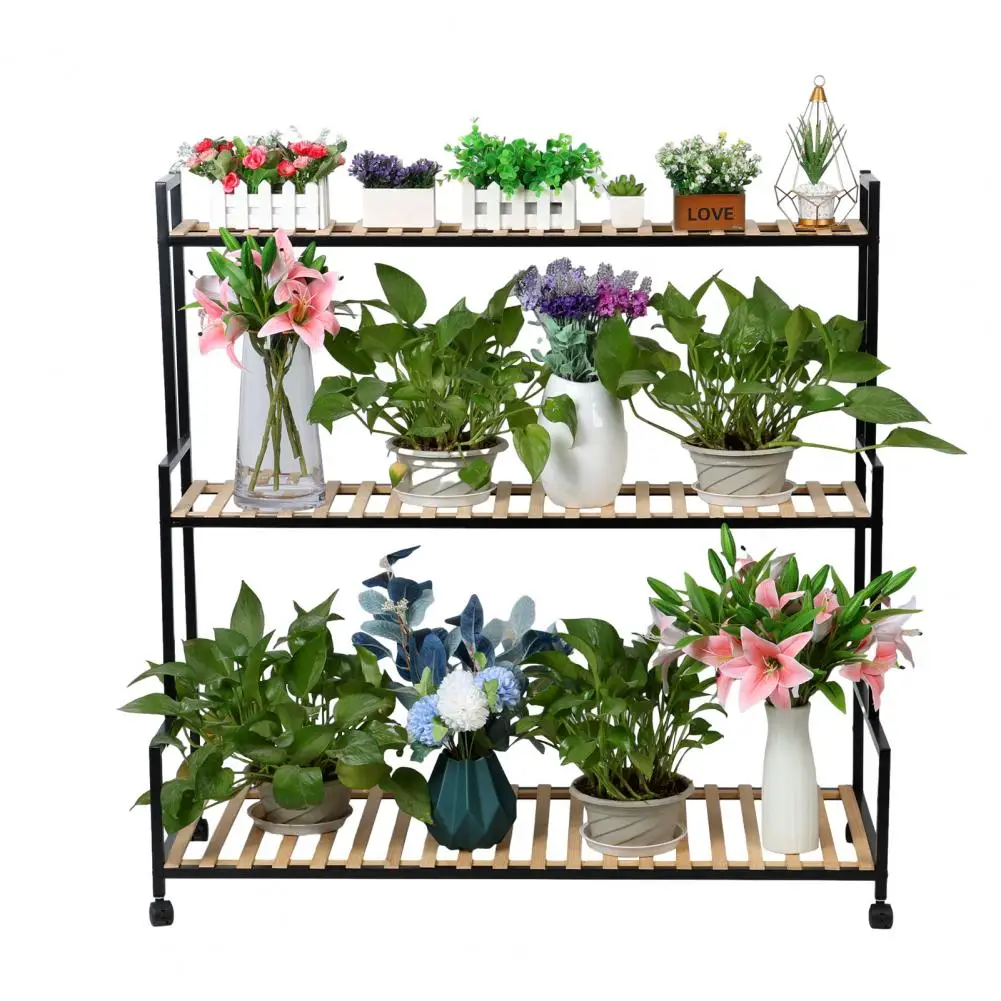 3 Tier Freestanding Ladder Solid Wood Metal Plant Stand Indoor Outdoor Plant Display Rack Flower Pot Holder Planter Organizer