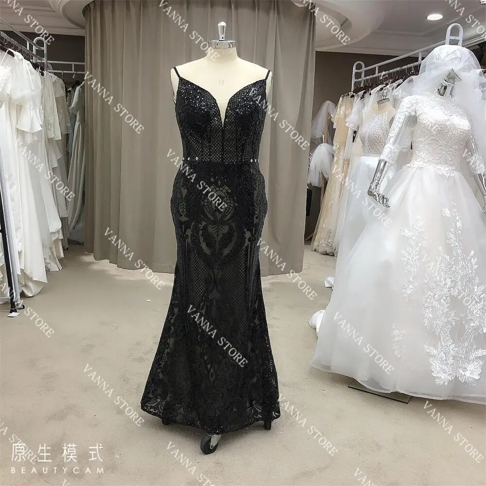 Vestido de noche negro elegante personalizado con tirantes finos y tren desmontable fabricantes directos 2023 nueva cena 100% pho real