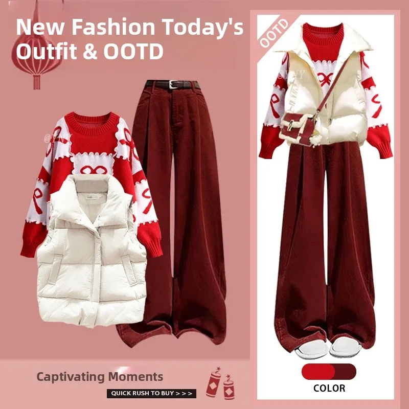 

Red Versatile Knitted Sweater Vest Outerwear Casual Pants Tee Piece Set Women's New Year's Faion Ensemble Autumn Winter