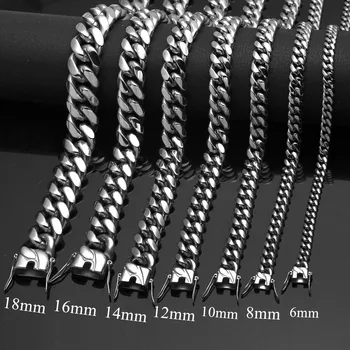 남녀공용 스테인레스 스틸 마이애미 커브 쿠바 체인 팔찌, 실버 컬러 쥬얼리, 6mm, 8mm, 10mm, 12mm, 14mm, 16mm, 18mm, 신제품 