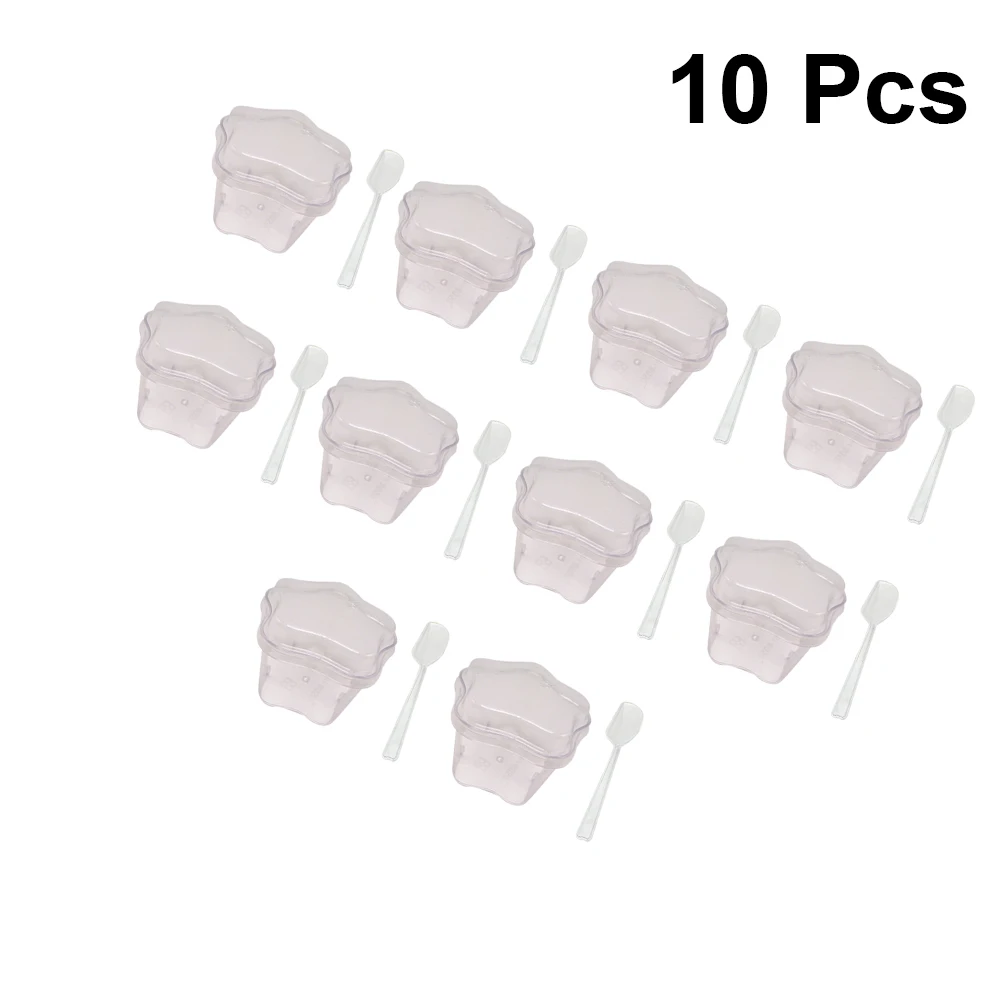 

10 Set Dessert Cup New Year Spoons Plastic Tableware Ceramics and Christmas Service Cream Cups Sundae with Lids Flower Shape