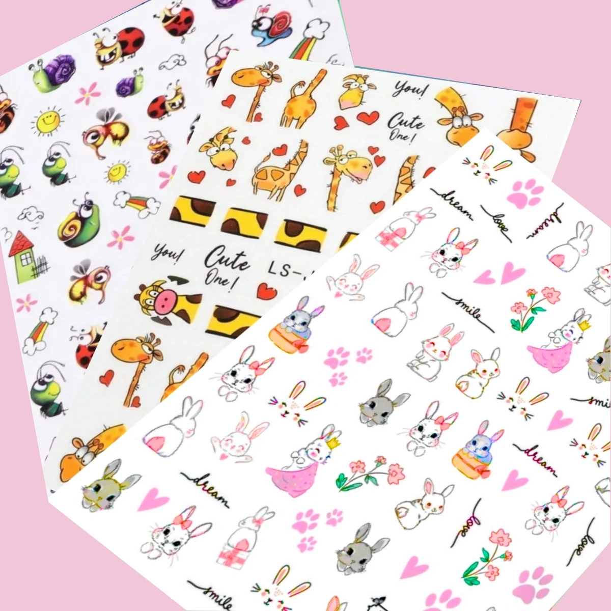 3-piece set of shiny animal nail stickers - DIY handmade manicure with cute rabbit, giraffe, and ladybug patterns