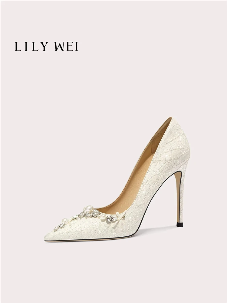 

Spring pointed pearl rhinestone bow cloth flat wedding shoes banquet large size small size widened version women's high heels