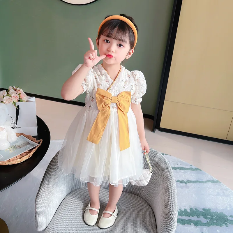 Robe Cheongsam Style chinois pour filles, nouvelle collection été 2022, tenue princesse Hanfu, manches courtes, maille, pour enfants du collège