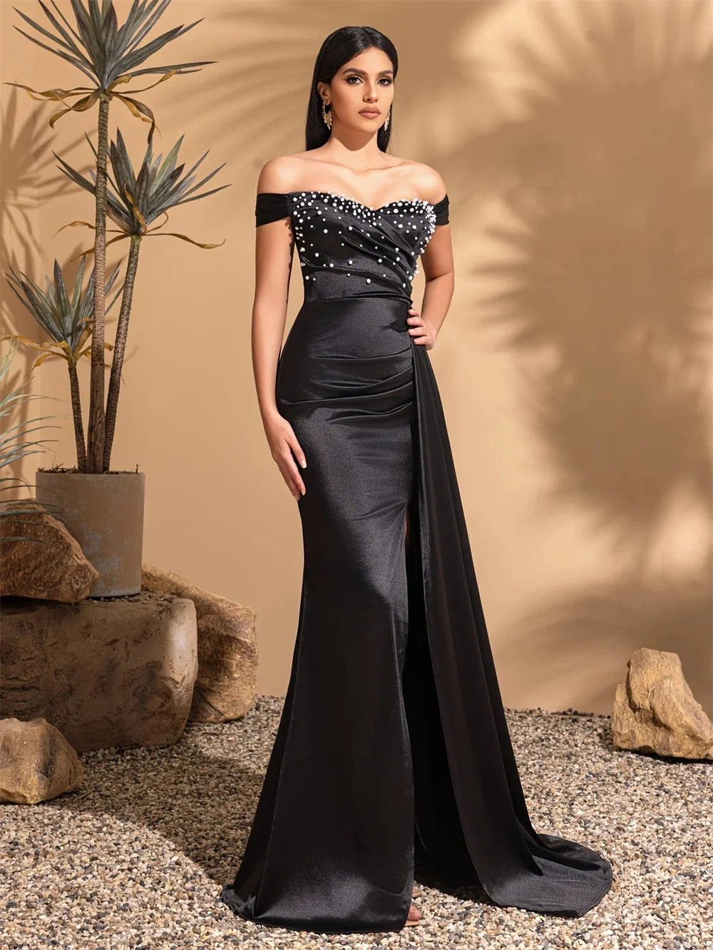 

This customized off-the-shoulder mermaid gown with front slit flows elegantly, tailored for formal occasions, fully personalized