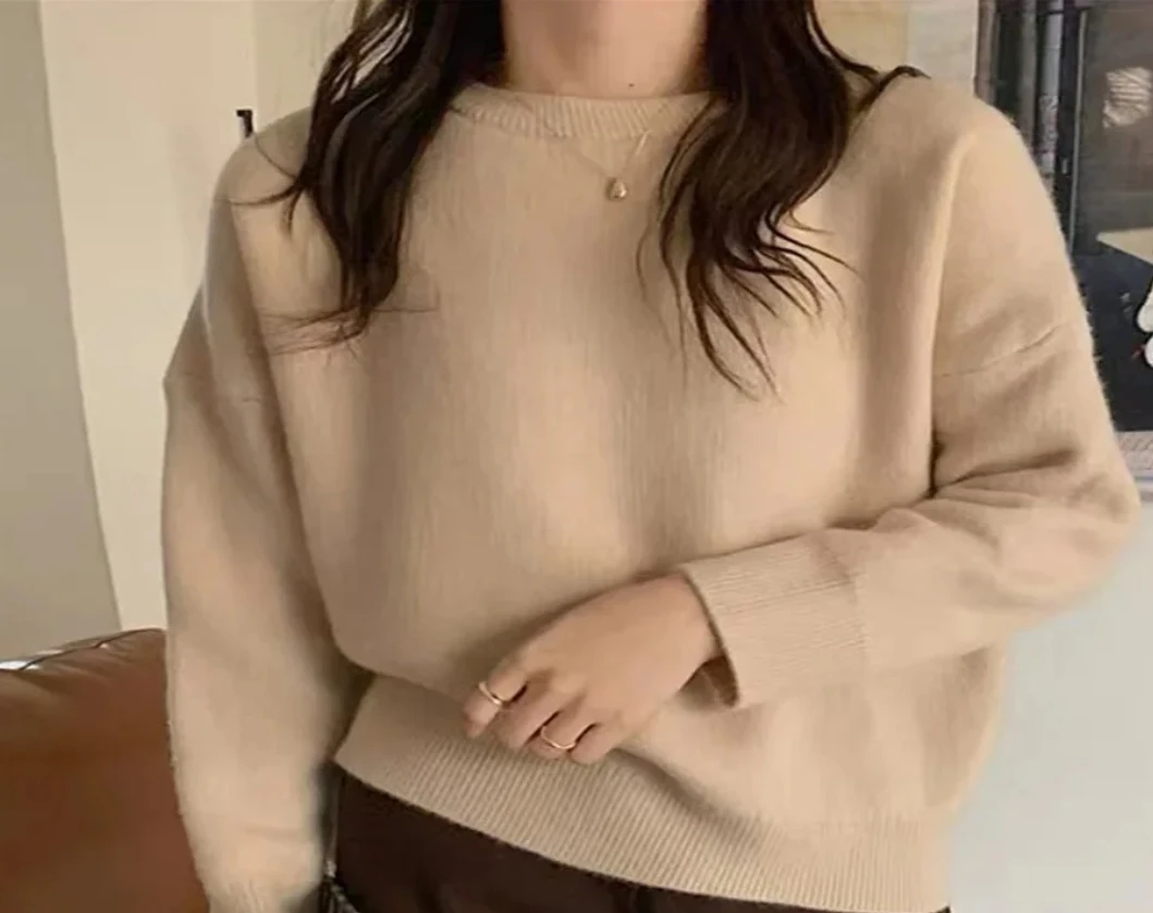 

Осень-зима, утепленный кашемировый свитер, женский Harajuku, свободные базовые пуловеры с круглым вырезом, однотонные простые универсальные трикотажные джемперы