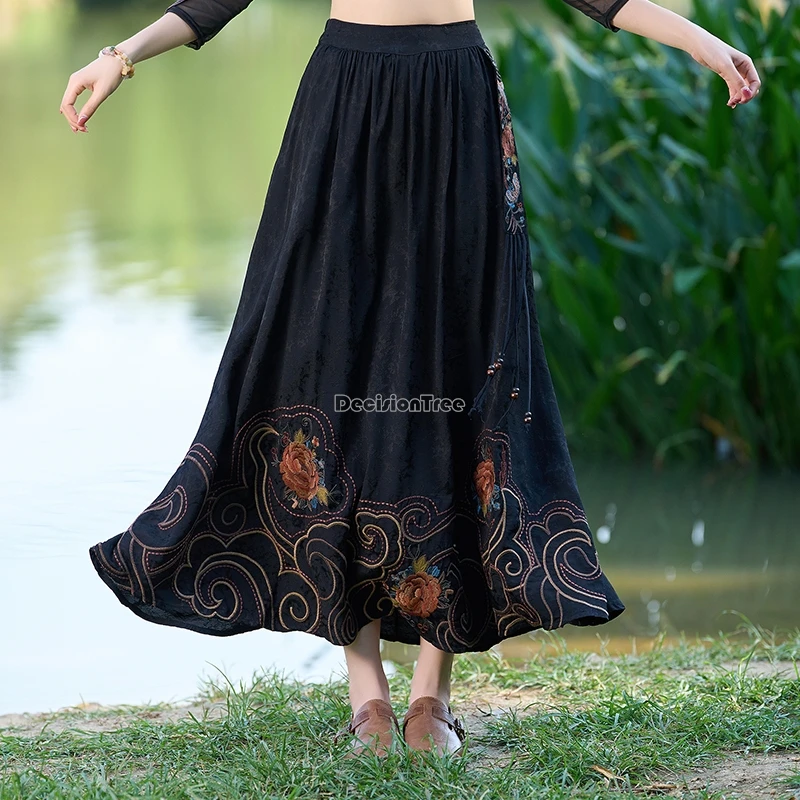 2024 chinese national style elastic waist mid-length retro skirt a-line tang suit hanfu skirt women embroidery retro skirt t001