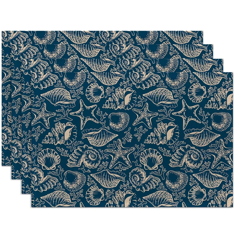 Vintage Navy Blue White Sea Shell Placemats 4PC Coastal Ocean Theme Dining Table Mats Kitchen Home Decor Accessory