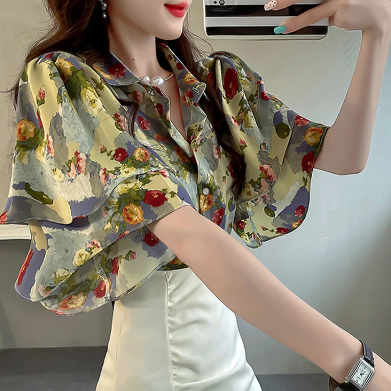 Sweet Print Retro Summer Women\'s 2024 New Patchwork Polo Collar Button Ruffles Fashion Loose Casual Short Sleeved Blouses Shirts