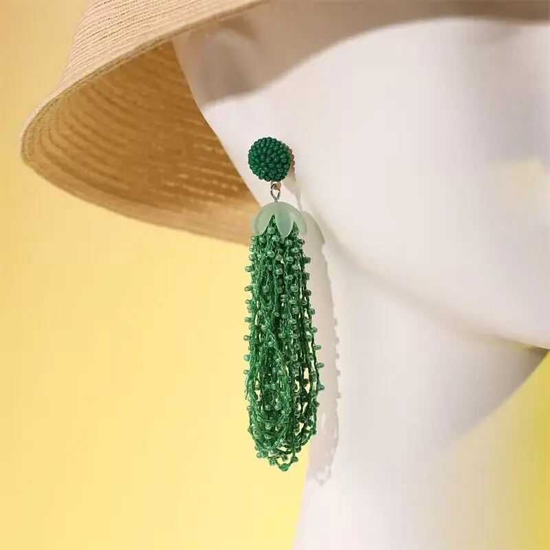 Fashion Trend Personality Women Versatile Design Long Rice Bead Tassel Retro Bohemian Style  Special Women's Earrings