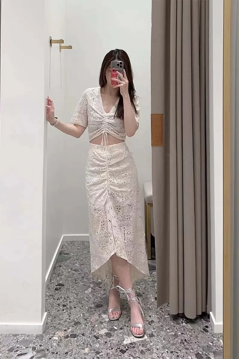 

Women Lace Hollow out Robe V-neck Drawstring Summer 2024 Short Sleeve Waist Hollow out Female Temperament Midi Dress