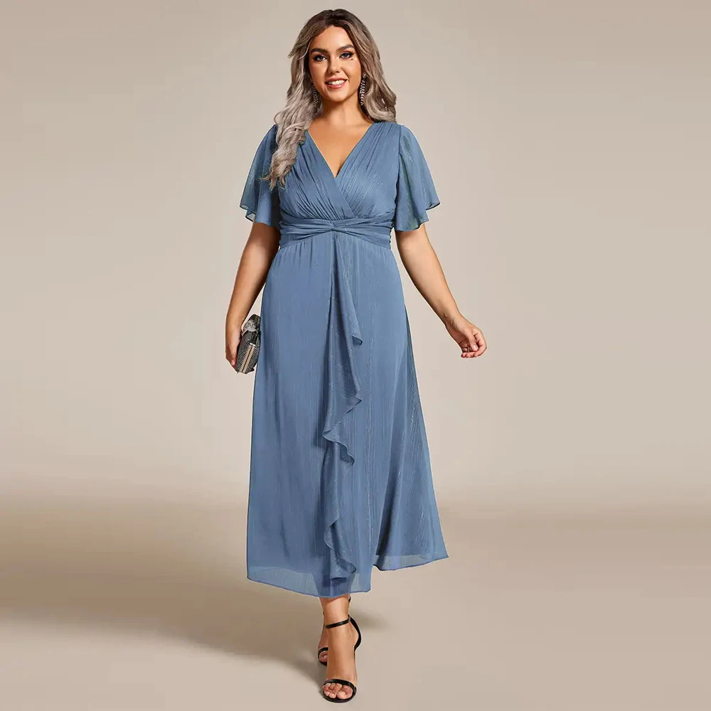 BAZIIINGAAA Party Dress Plus Shimmer V Neck Tea Length Wedding Guest Dress With Short Sleeves Evening dress