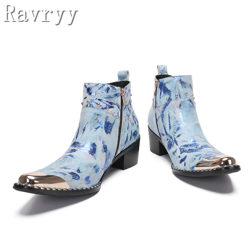 Luxury Brand Genuine Leather Prints Men Boots Metal Capped Toe Rivets Zip Ankle Boots Elegant Male Luxury Dress Wedding Shoes