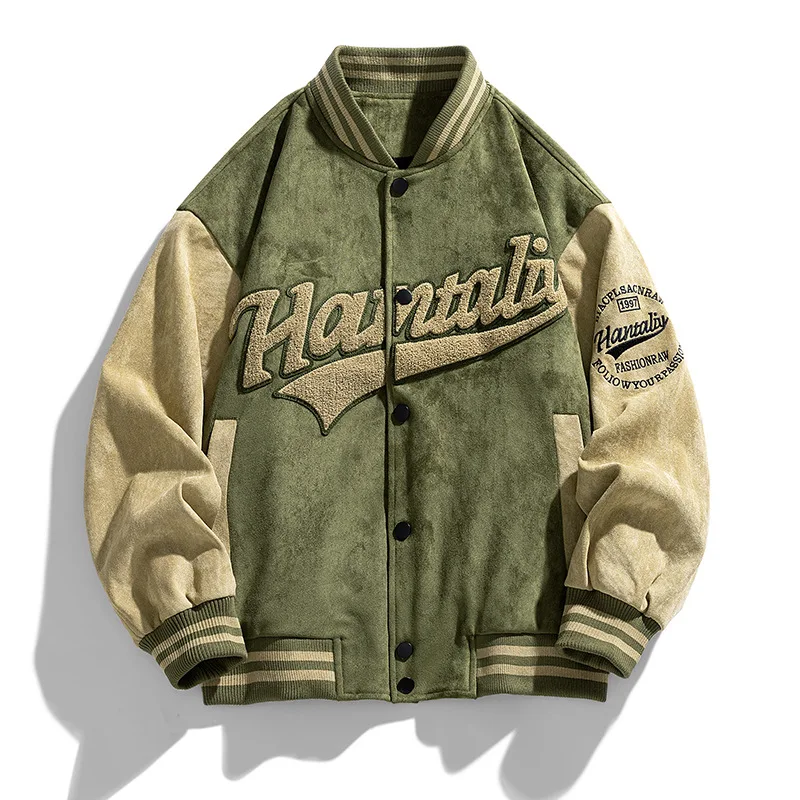 

Patchwork Men's Casual Suede Baseball Jacket American Vintage Street Style Embroidered Baseball Collar Jacket for Spring/Autumn