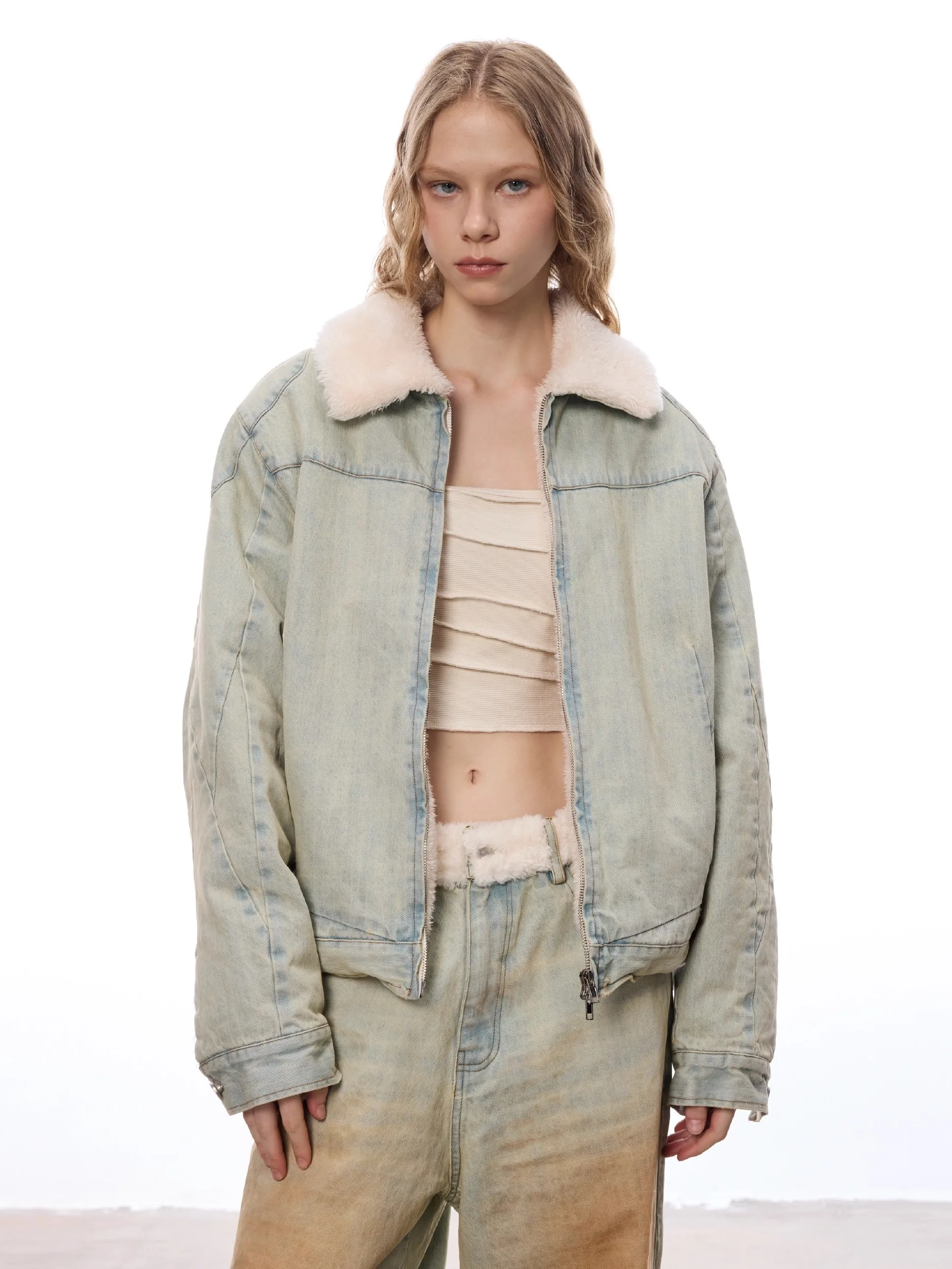 

Denim Coats Woman Diamond Fur Plush Womens Fall Drawstring Leisure Standneck Outwears Minimalist Preppy Style Jackets Distressed