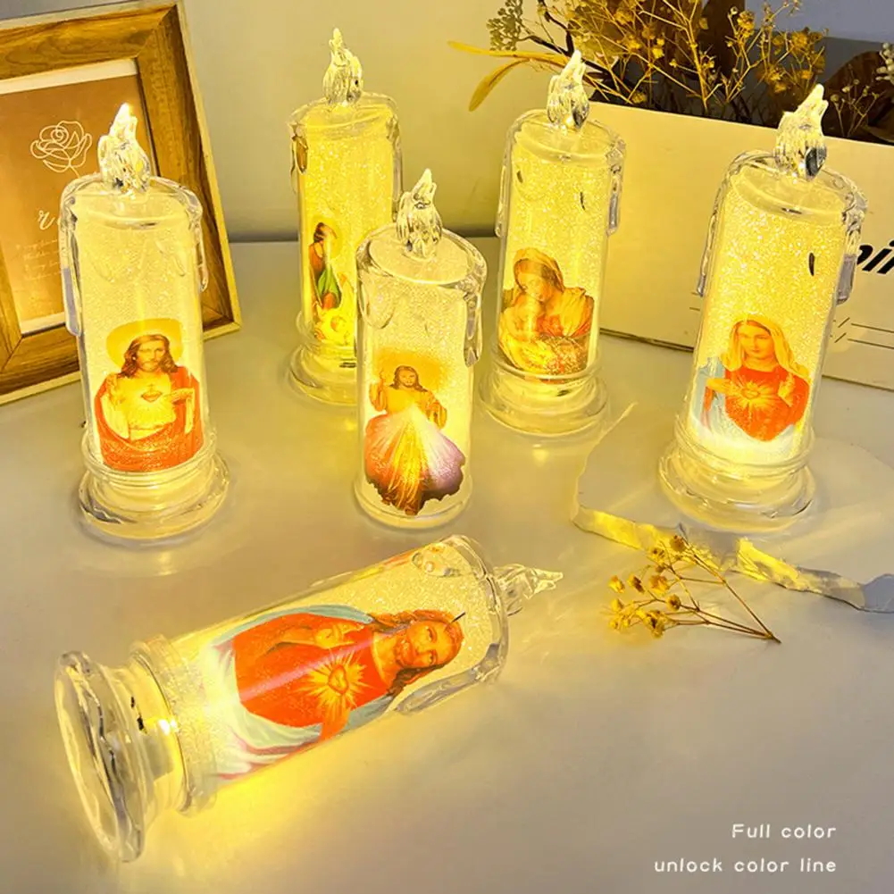 2025 LED Flameless Prayer Candles Flickering Fake Candle Jesus Devotional Prayer Candle Light Religious Tea Lights Decoration