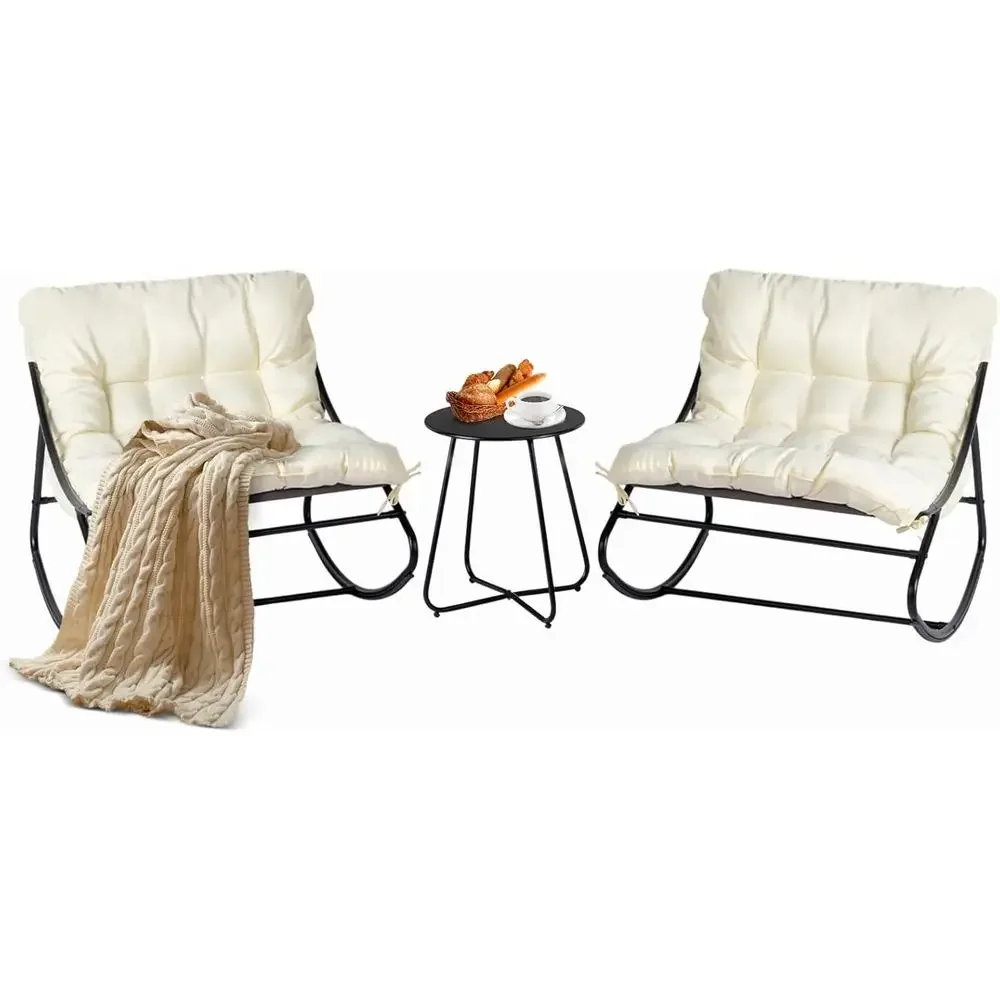 Heavy-Duty 400 lbs Capacity White Padded Outdoor Indoor Rocking Chairs Set of 2 with Side Table