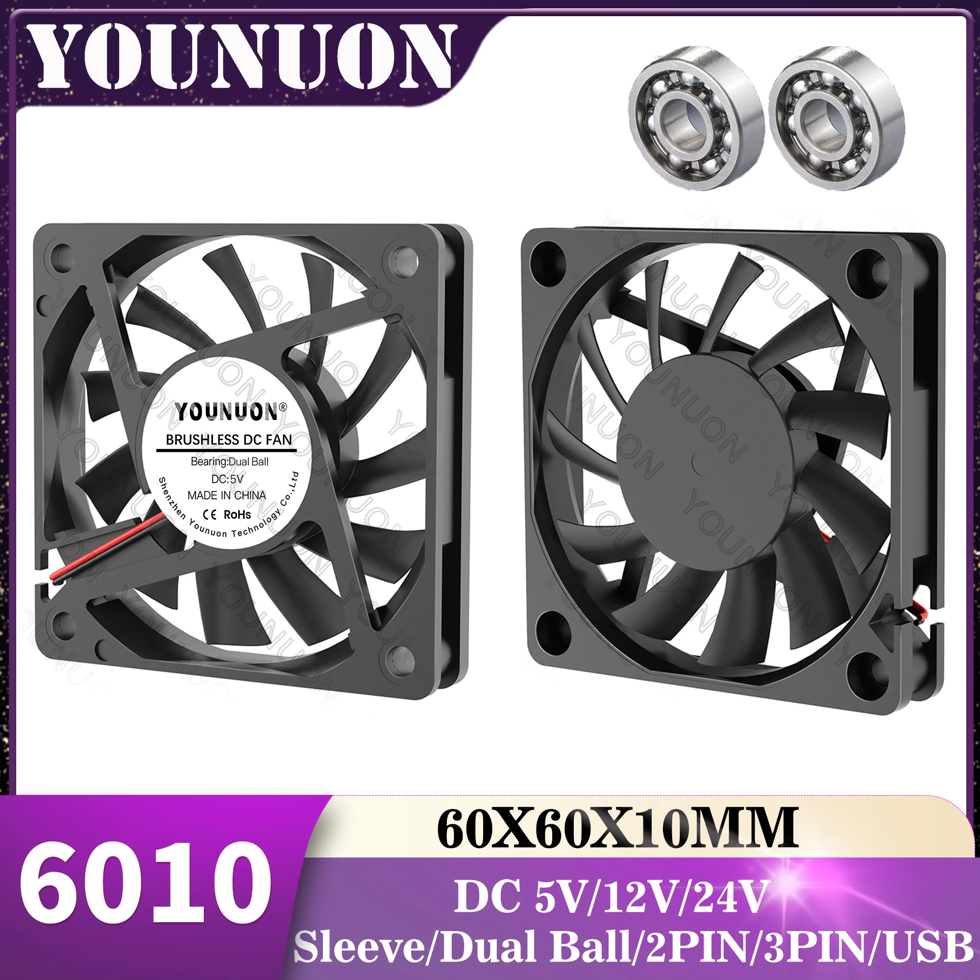 YOUNUON 60mm 5V 12V 24V Brushless USB 2PIN 3PIN DC Cooler Fan 60x60x10mm 6010 6cm For Computer PC CPU Case Cooling